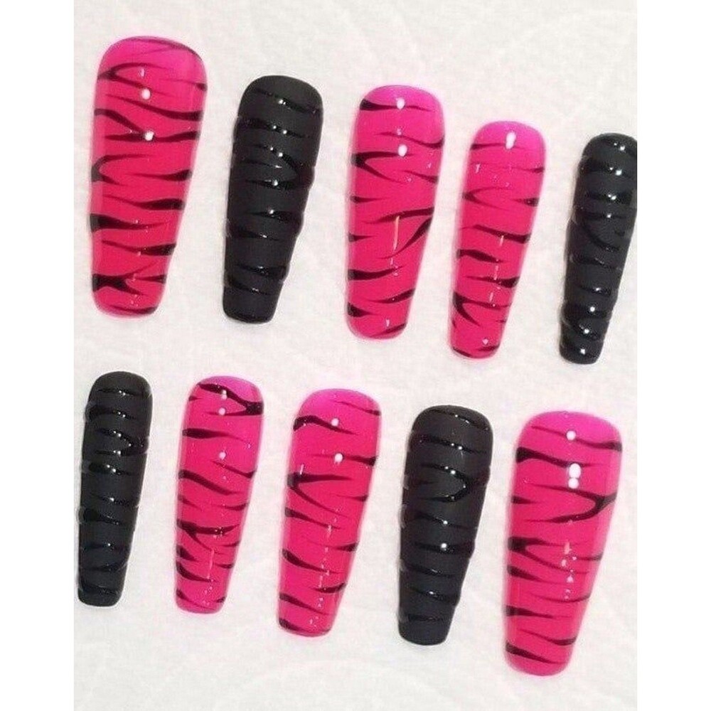 Long Coffin Handmade Pink Black Matte Zebra Gel Press On Nails